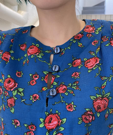 【Vintage】<br>Rose Print Puff Sleeve Dress